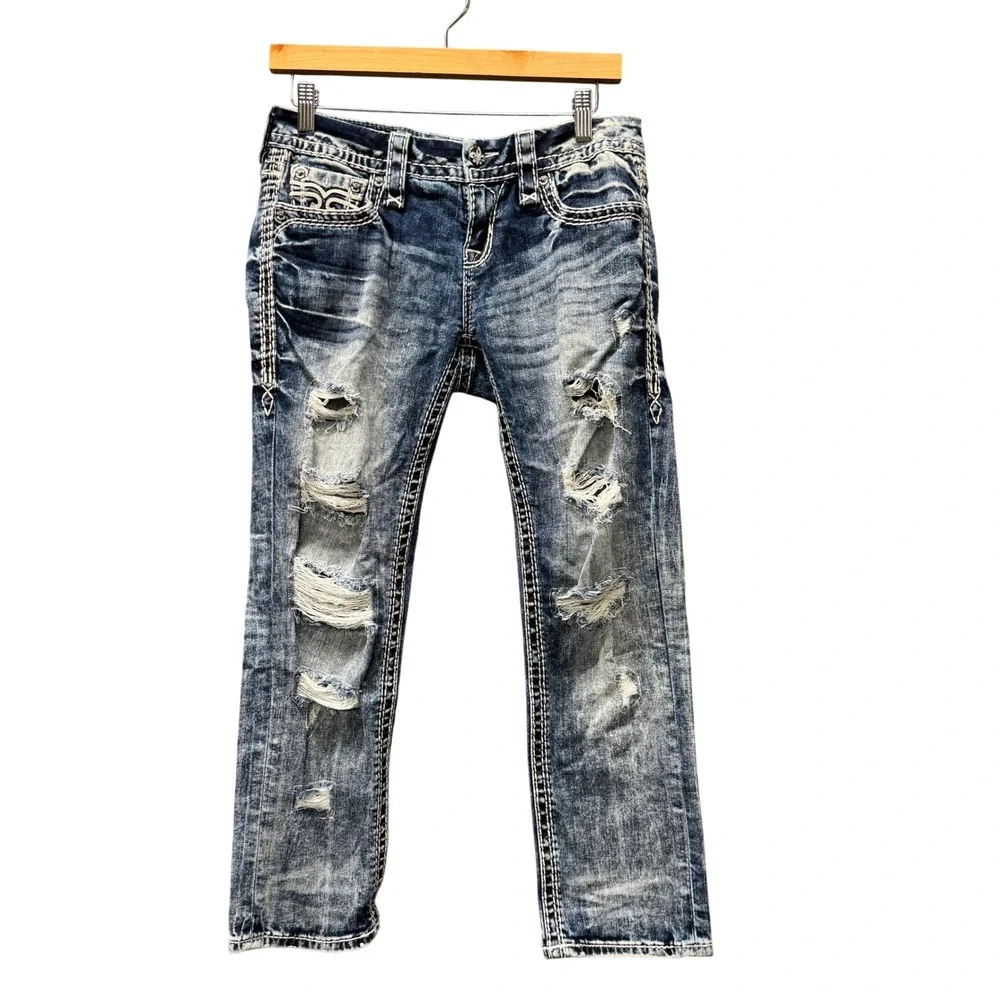Rock Revival Jeans Womens 28 (29x25‎ ACTUAL) Jena Blue Distressed Embellished